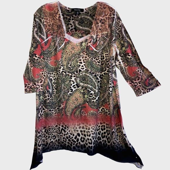 BLEU Rhinestone Sequin Sublimation Print Handkerchief Hemline Tunic Top - Picture 2 of 6